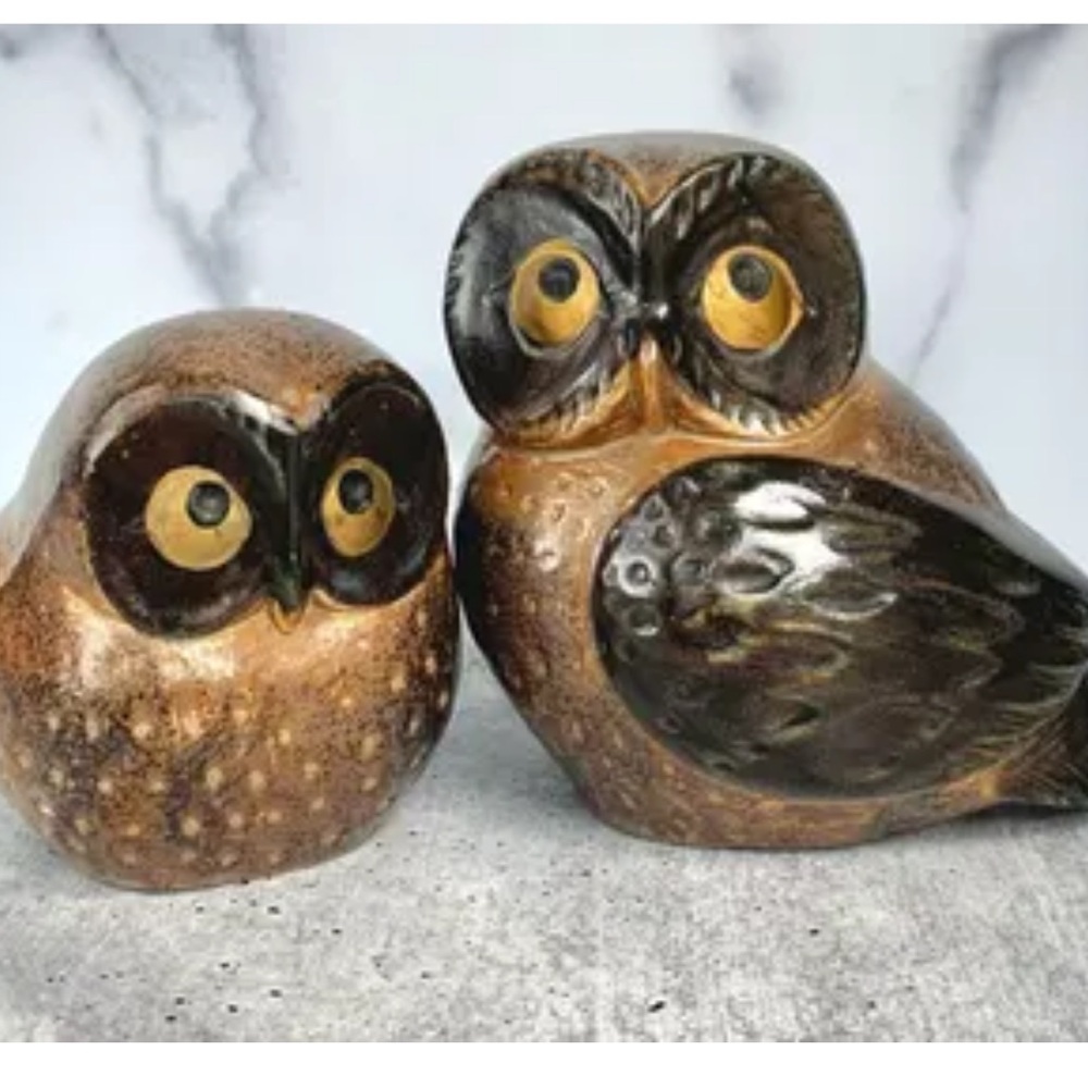 Vintage Owls Otagiri Japan Brown Tan Ceramic Figurines 1970’s MCM Lot of Two